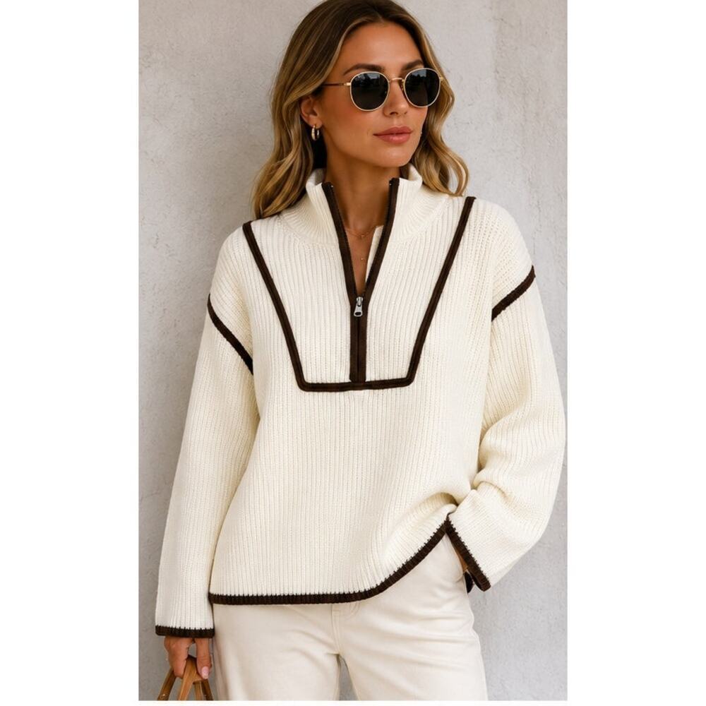 English Factory Cream Contrast Trim Zip Sweater Small Quiet Luxury Coastal